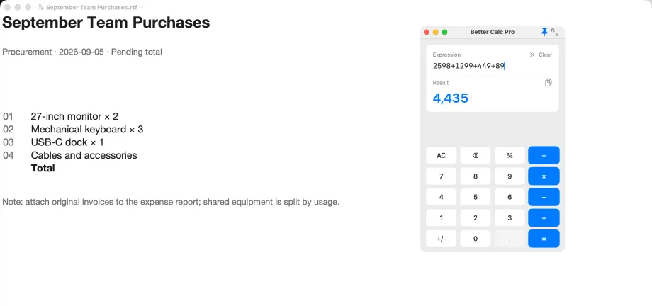 Better Calc Pro compact calculator floating over a purchase list document, showing only the expression and result card and the basic keypad, with the Pin on Top and Workbench buttons in its title bar