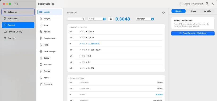 Better Calc Pro Convert page showing unit categories from Length to Currency, a feet-to-meter result, the calculation formula and conversion table, and the Send Result to Worksheet button