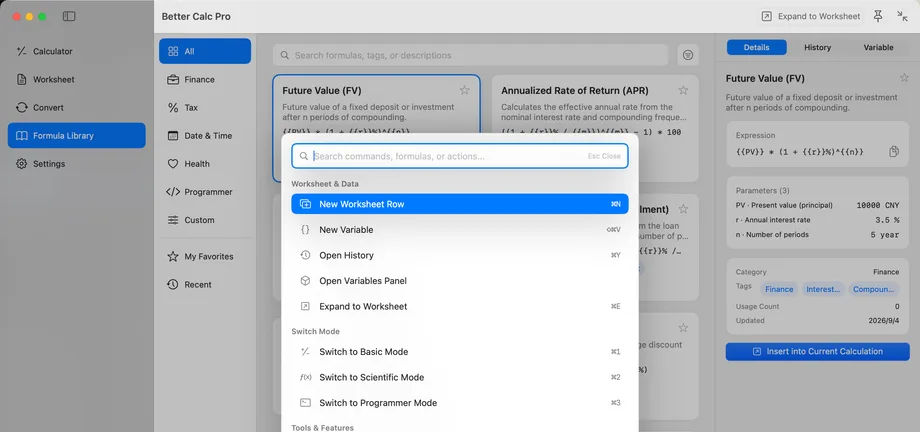 Better Calc Pro command palette opened with Command-K, showing the search field and commands such as New Worksheet Row, New Variable, Open History, and switching to Basic, Scientific, or Programmer mode