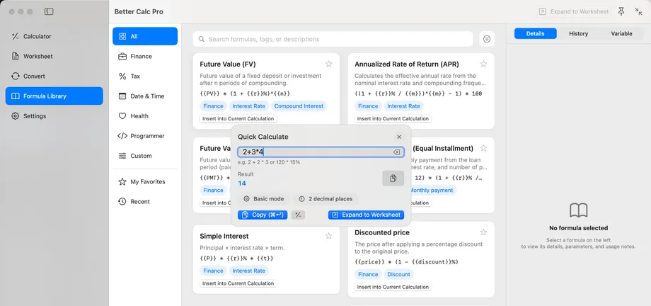 Better Calc Pro Quick Calculate panel floating over the Formula Library, showing a typed expression, its result, the Basic mode and precision hints, and the Copy and Expand to Worksheet buttons