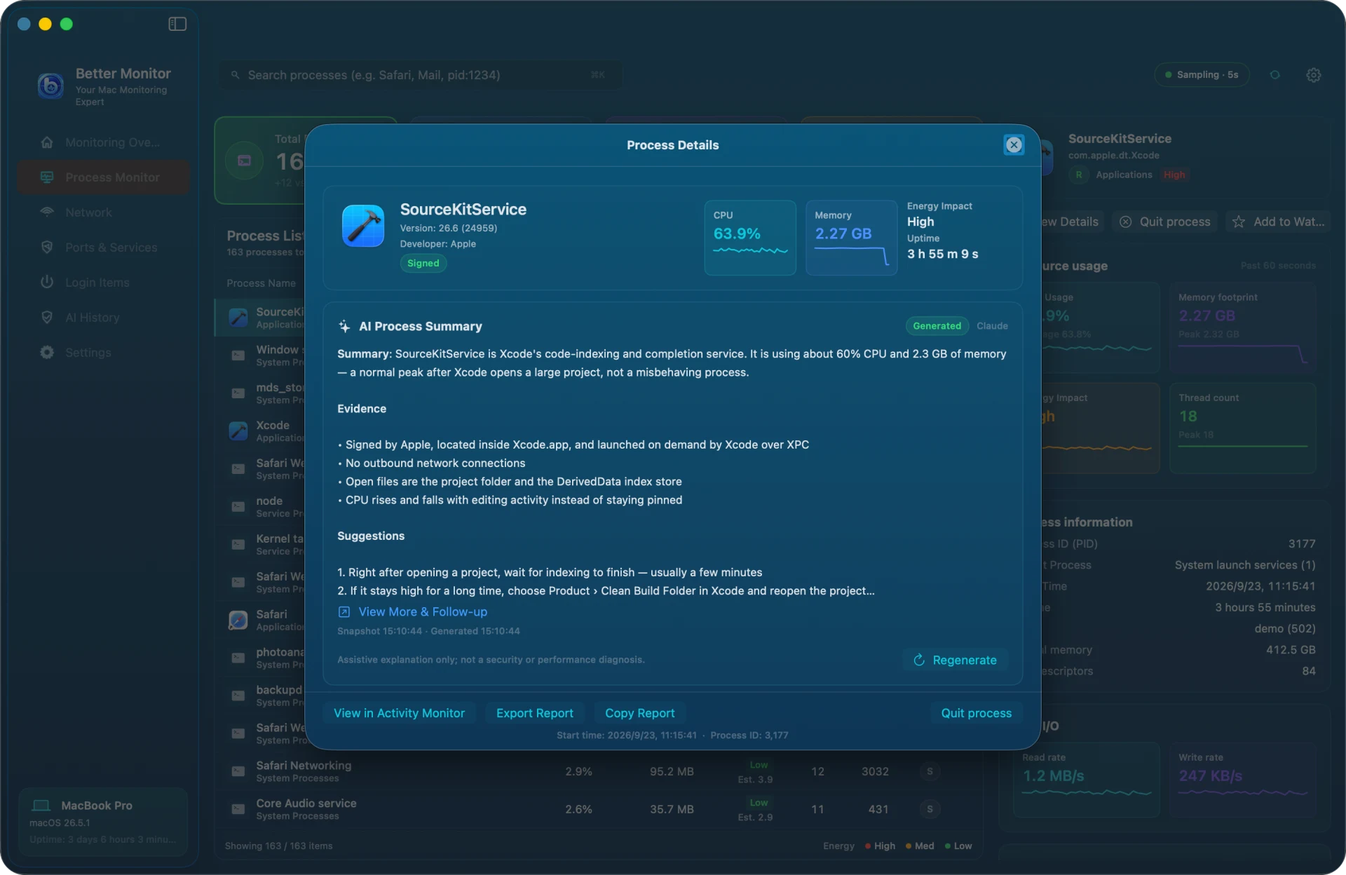 Better Monitor Process Details for SourceKitService showing version, developer, signature, CPU and memory charts, and an AI Process Summary with its conclusion, evidence, and suggestions