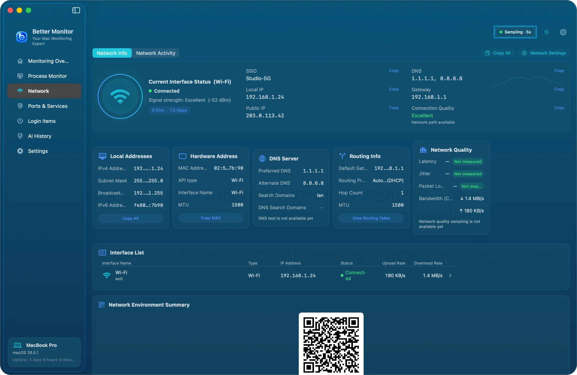 Better Monitor Network Info showing the Wi-Fi interface status, SSID, local and public IP, DNS, gateway, and cards for addresses, hardware address, routing, and the interface list