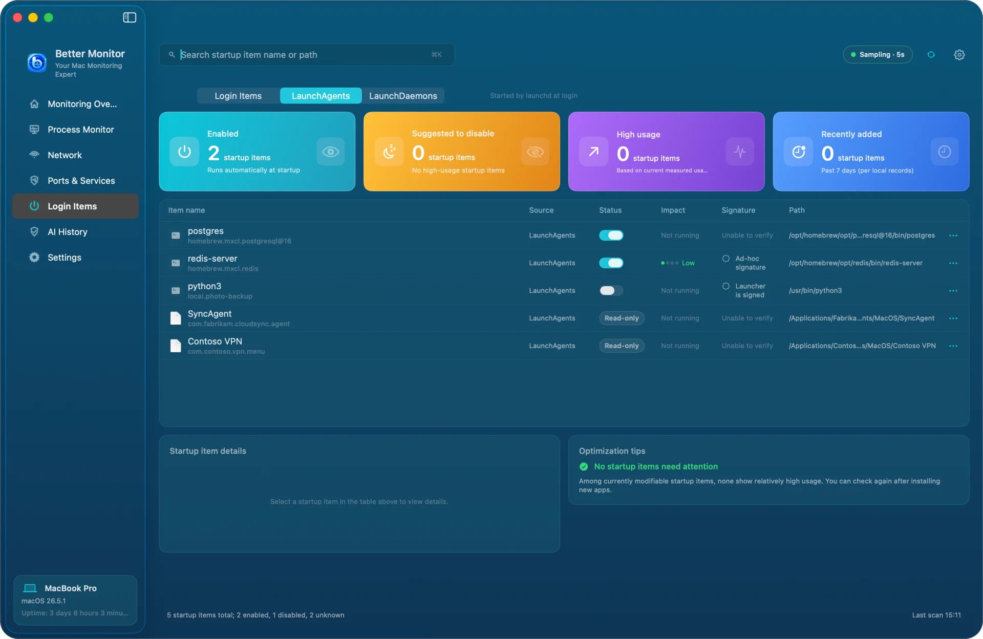 Better Monitor Login Items on the LaunchAgents segment, showing each item's state, current resource impact, signature status, and path
