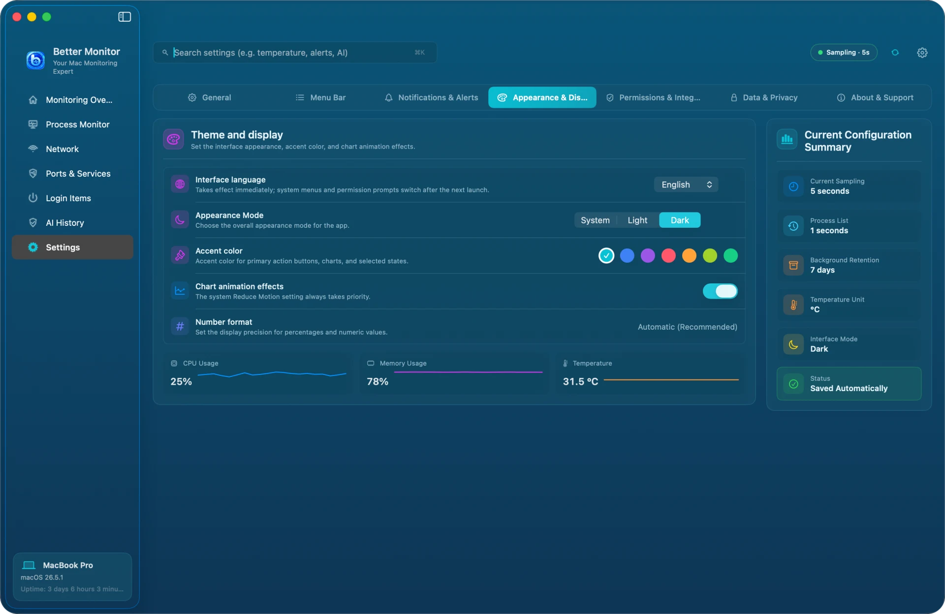 Better Monitor Appearance settings for theme, density, and interface display options