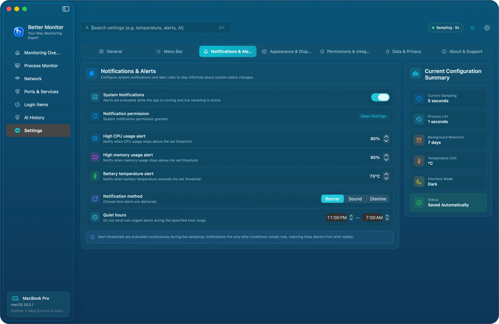 Better Monitor Alerts settings for resource thresholds, notifications, and suggestion behavior