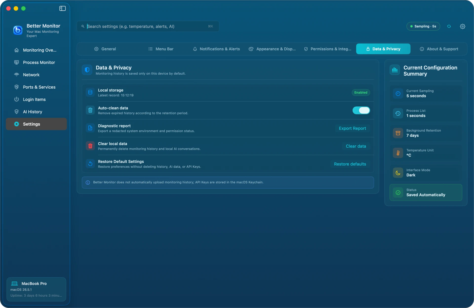 Better Monitor Data & Privacy settings: local storage, auto-clean, diagnostic report, clear local data, and restore default settings