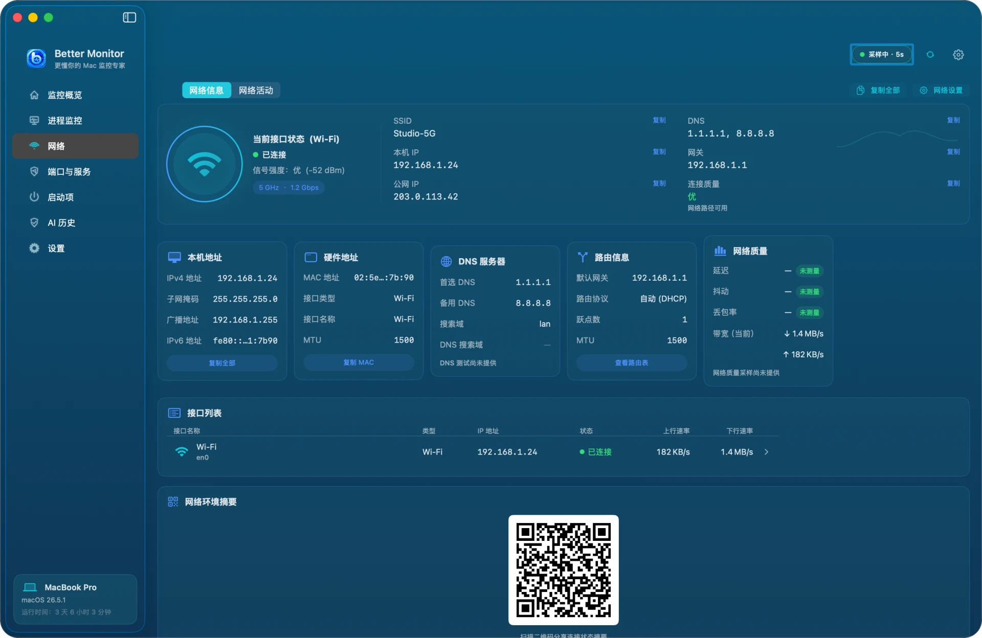 Better Monitor 网络信息：当前 Wi-Fi 接口状态、SSID、本机与公网 IP、DNS、网关，以及本机地址、硬件地址、路由和接口列表