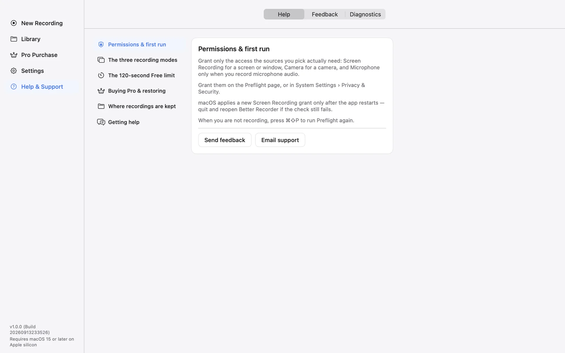 Better Recorder Pro Help & Support page listing topics such as permissions and first run, the three recording modes, the 120-second Free limit, buying and restoring Pro, and where recordings are kept, with Send feedback and Email support buttons
