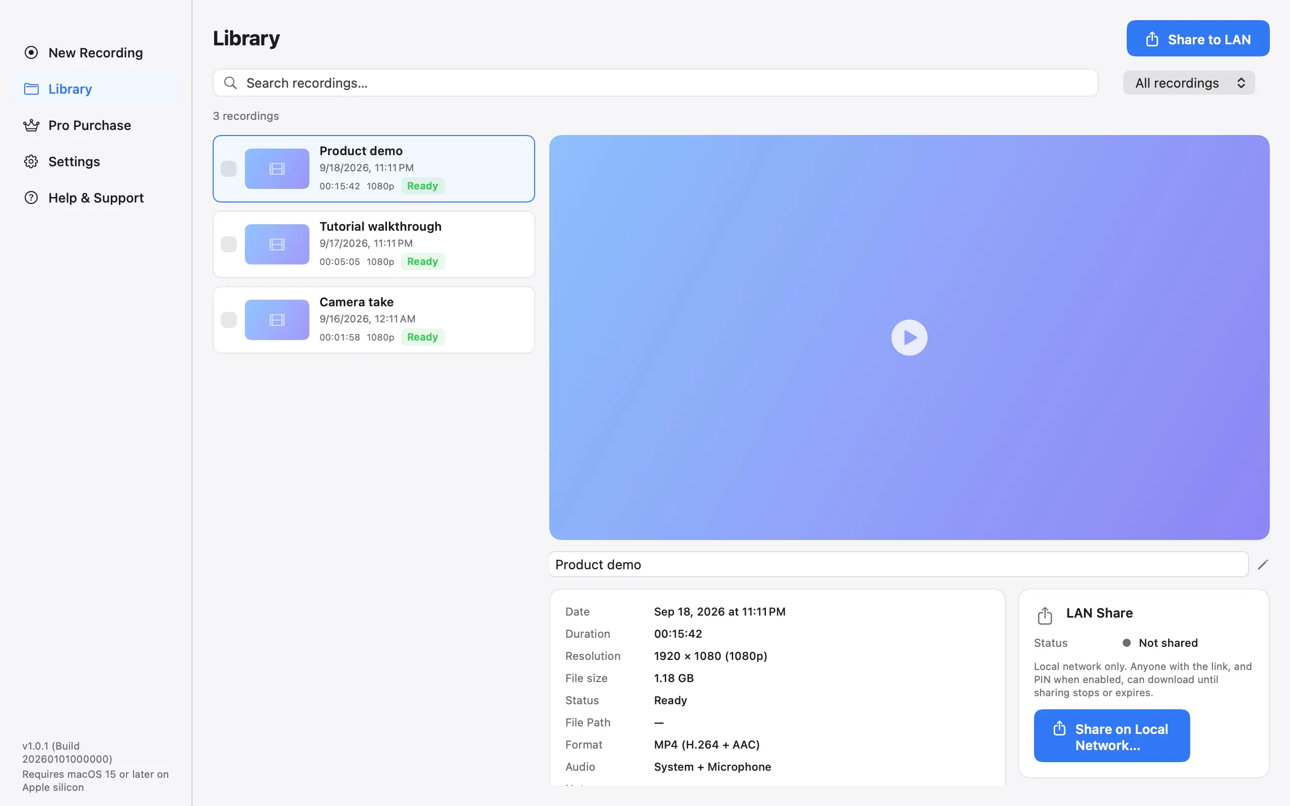 Better Recorder Pro Library with Share to LAN in the toolbar and a LAN Share control in the detail pane, for temporarily serving finished recordings to same-network browsers