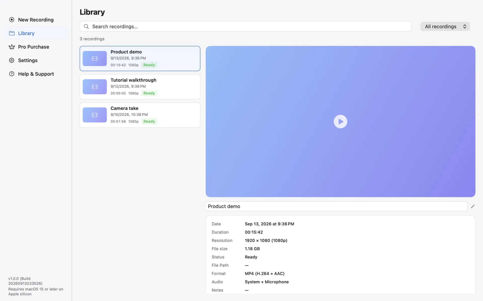 Better Recorder Pro Library page with a searchable recording list on the left and a player and details on the right: date, duration, 1920 × 1080 resolution, file size, status, MP4 (H.264 + AAC) format, and audio sources