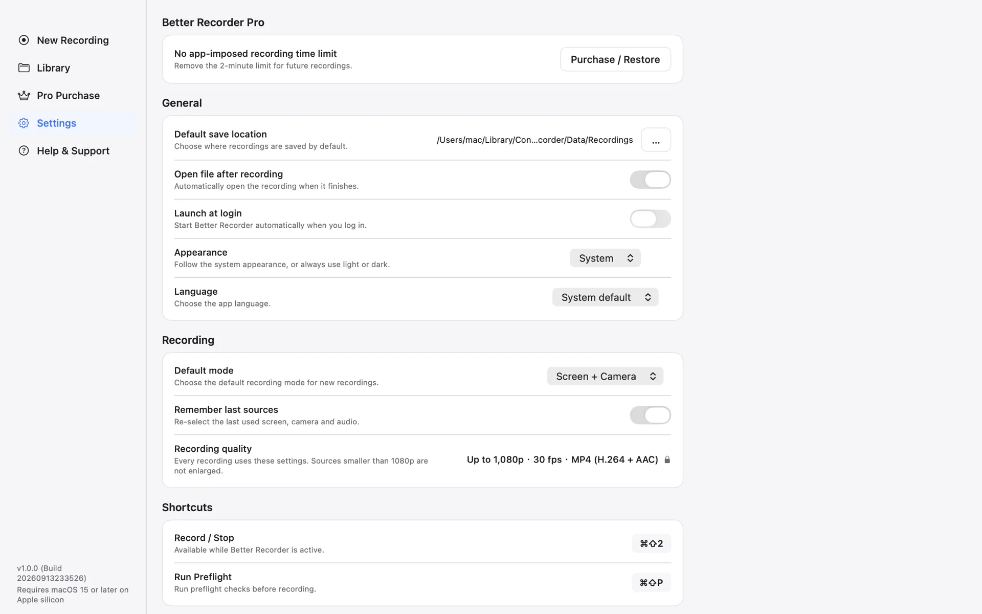 Better Recorder Pro Settings page showing the default save location, open after recording, launch at login, appearance and language, plus the default mode, remember last sources, and the recording quality fixed at up to 1080p30 MP4 (H.264 + AAC)