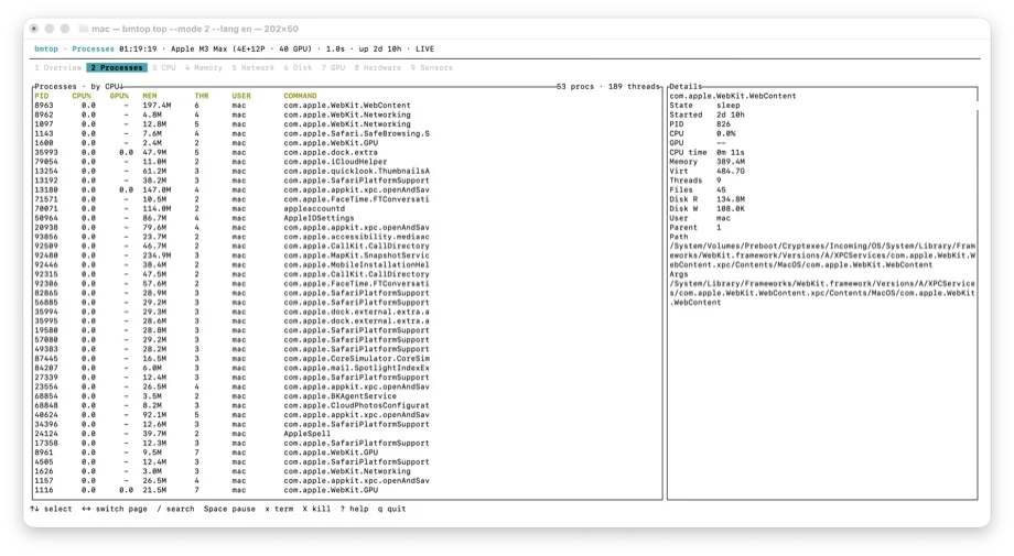 BetterMac bmtop 进程面板，显示 CPU、GPU、内存与每进程能耗排序
